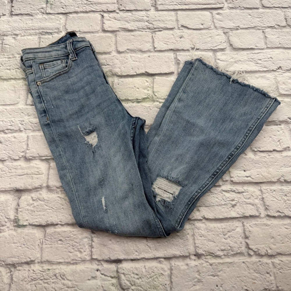 Risen Womens High Rise Flare Distressed Jeans Blue Raw Hem Size 1 25